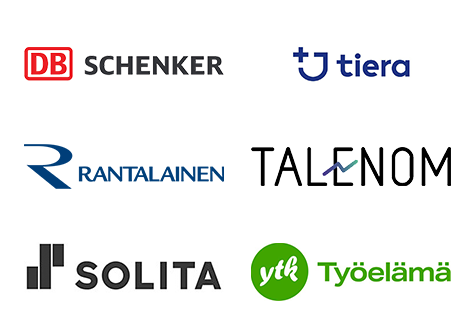 Asiakkaiden logot: DB Schenker, Tiera, Rantalainen, Talenom, Solita ja YTK Työelämä.